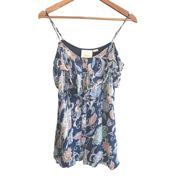 Maeve Anthropologie Top Women 2 Blue Cold Shoulder Sheer Ruffle Floral Mettalic - Picture 1 of 10